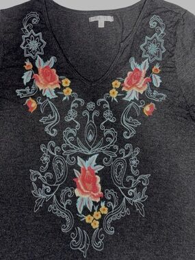 Caite Embroidered Floral Bohemian Charcoal Grey Tunic Stretch Tunic Top